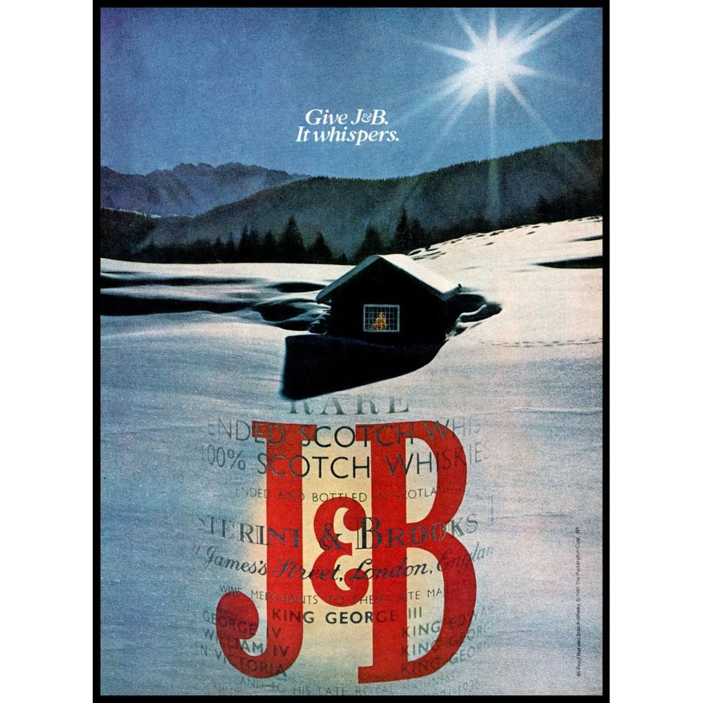 1982 J&B Scotch Vintage Print Ad Snow Covered Cabin Christmas Tree Wall Art